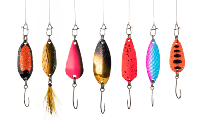 Colorful fishing lures hanging with transparent background