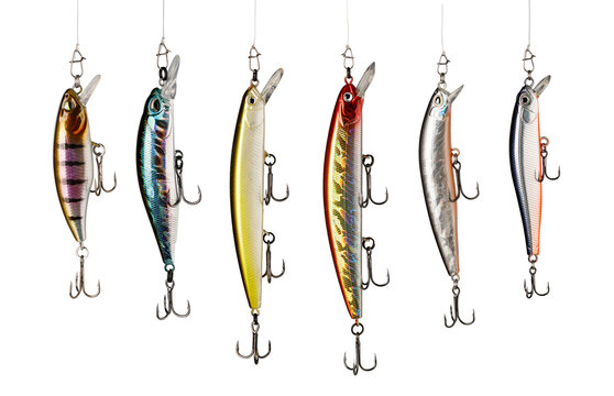 Colorful fishing lures hanging with transparent background