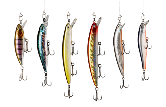 Colorful fishing lures hanging with transparent background