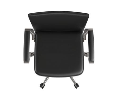 The back of an office chair with black leather and chrome legs, seen from above, white background,