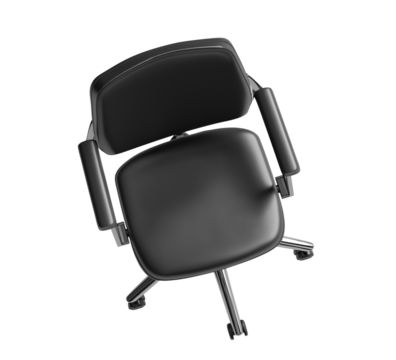 The back of an office chair with black leather and chrome legs, seen from above, white background,
