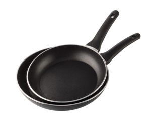 Two black frying pans with non-stick coating on transparent background