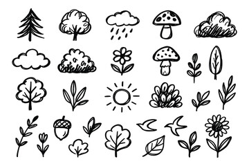 Nature Doodle Set: Hand-Drawn Trees, Clouds, Flowers, Mushrooms, and Sun Icons