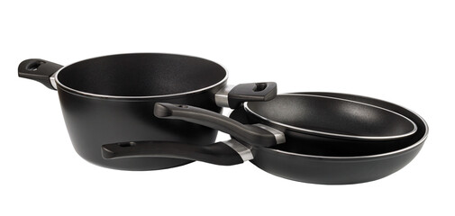 Black cooking pot and frying pans on transparent background
