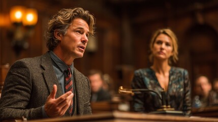 Serious professional discussion in a dimly lit wood-paneled room with warm ambient lighting,