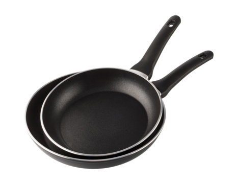 Two black frying pans with non-stick coating on transparent background - Powered by Adobe