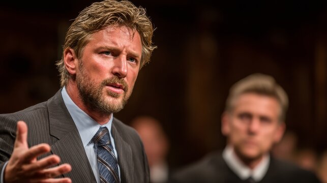 Focused man with tousled blond-brown hair and beard in pinstripe suit jacket, gesturing earnestly with extended hand, light blue shirt, blue striped tie, formal setting, blurred background,
