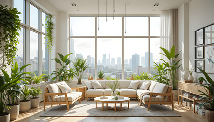 Minimalist Apartment Living Room with Greenery and City Panorama
