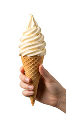 Hand holding a vanilla soft serve ice cream in a crisp waffle cone. Isolated on transparent background, png