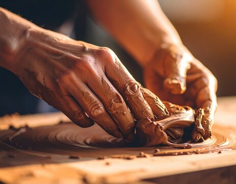 Close-up of hands sculpting with clay in warm light