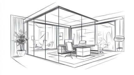 Hand-drawn sketch of a modern office space.