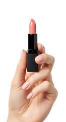 Woman's hand with nude manicure holding an open pastel pink lipstick. Isolated on transparent background, png