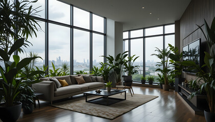 Minimalist Apartment Living Room with Greenery and City Panorama