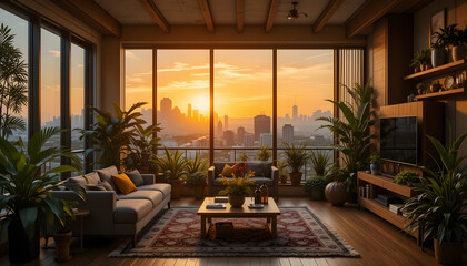 Minimalist Apartment Living Room with Greenery and City Panorama with evening or morning atmosphere