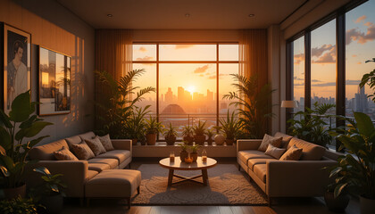 Minimalist Apartment Living Room with Greenery and City Panorama with evening or morning atmosphere