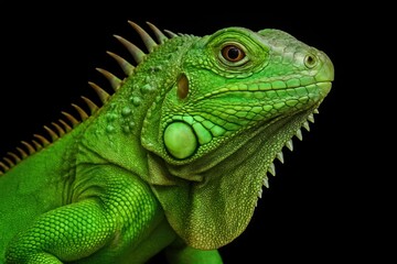 Obraz premium A close-up of a vibrant green iguana with sharp spines against a stark black background