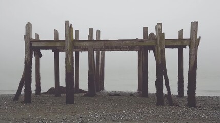 Decaying wooden pier on a misty beach