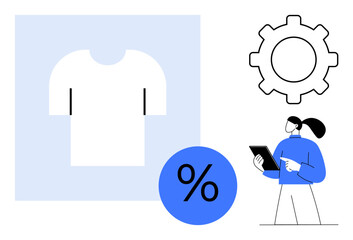 T-shirt graphic, percentage discount icon, gear symbol, and woman using a tablet. Ideal for online shopping, retail, marketing, sales, e-commerce UIUX design simple landing page