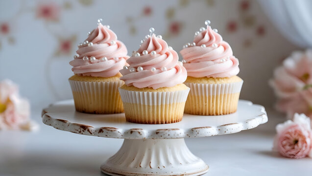 Elegant pink cupcakes with pearl decorations on a vintage stand