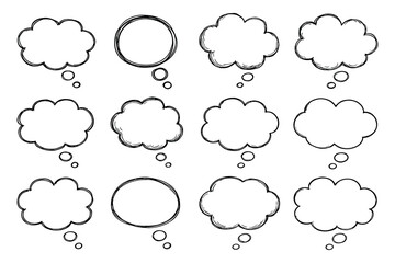 Set of Hand Drawn Thought Bubbles, Empty Speech Clouds, Doodle Thinking Shapes Isolated