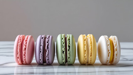 Colorful macarons lined up on a marble surface