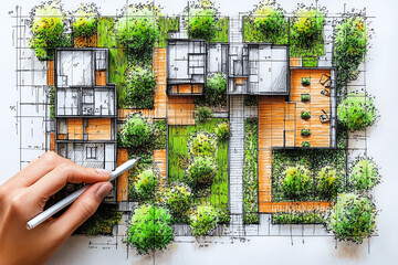 Urban planning sustainable city design green architecture hand drawing skyscrapers. Architect designing modern high-rise residential building area model.	