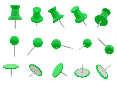 Set of realistic different green push pin shapes, isolated, in various angles. 3D vector illustration of round-head, flat-head, and classic office-style thumb tacks.