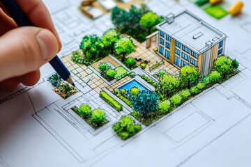 Urban planning sustainable city design green architecture hand drawing skyscrapers. Architect designing modern high-rise residential building area model.	