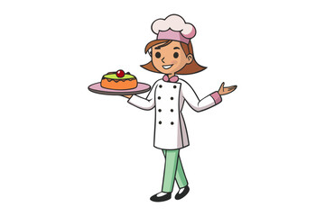 A cheerful cartoon chef proudly presents a delicious dessert cake on a platter showcasing culinary expertise with a welcoming gesture