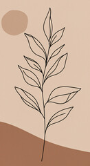 Elegant Monoline Botanical Plant Drawing on Textured Beige Canvas