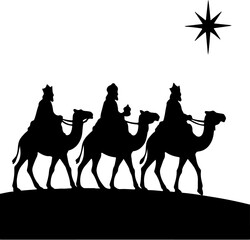 Silhouette of Camels in the Desert with Owner – Vector Illustration on White Background