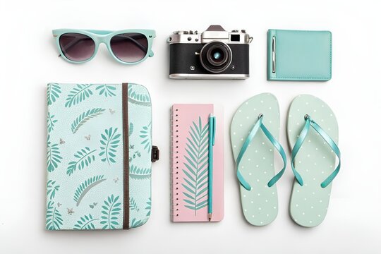 Overhead shot of vacation essentials including sunglasses camera and flip flops on a white background