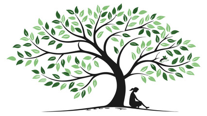 Silhouette of a woman sitting under a large tree with green leaves and a bird on a branch in the image