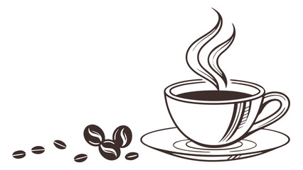 Obraz premium Illustration of a steaming coffee cup on a saucer with coffee beans scattered around on a white background