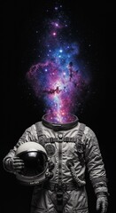 Surreal astronaut portrait with cosmic nebula replacing head