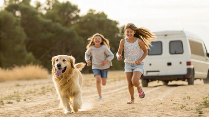 Family camping trip in fun summer vacation. Children dog summer vacation outdoor running camper happy nature adventure create joyful scene. outdoor activity, adventure holiday, travel, picnic