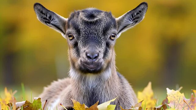 Playful Baby Goat in Autumn Leaves Against Blurred Yellow Orange Tree