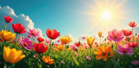 Obraz premium Vibrant Blooming Flowers in Sunny Meadow Growth, Hope, and a Promising Future