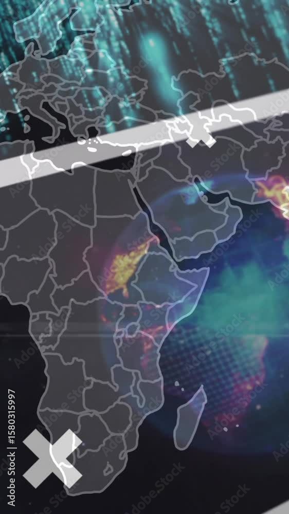 Poster overlaying digital data and colorful patterns, world map animation in school setting