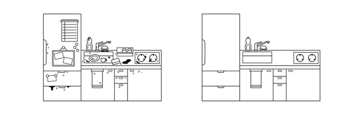 Dirty and Clean Kitchen Comparison - Black and White - clip studio paint hand-drawn illustration