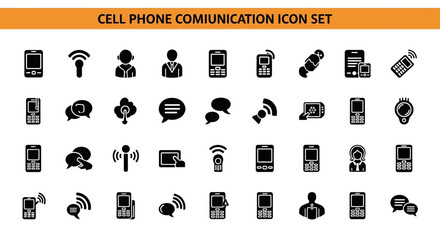 A collection of 20 Cell Phone Communication Icon Set Black flet Icon. The icons are neatly arranged in rows and columns, with a orange banner on the top that reads 'Cell Phone Communication Icon Set © Slamat