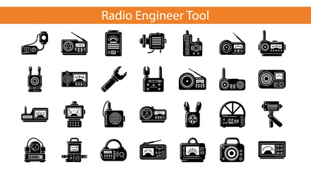 A collection of 20 Radio Engineer Tool Black flet Icon. The icons are neatly arranged in rows and columns, with a orange banner on the top that reads 'Radio Engineer Tool © Slamat