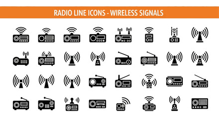 A collection of 20 Radio Line Icons Wireless Signals Black flet Icon. The icons are neatly arranged in rows and columns, with a orange banner on the top that reads 'Radio Line Icons- Wireless Signals © Slamat