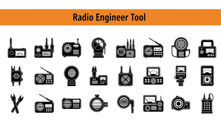 A collection of 20 Radio Engineer Tool Black flet Icon. The icons are neatly arranged in rows and columns, with a orange banner on the top that reads 'Radio Engineer Tool  © Slamat