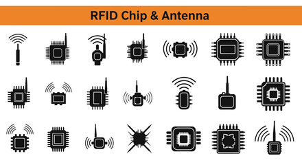  A collection of 20 RFID Chip & AntennaBlack flet Icon. The icons are neatly arranged in rows and columns, with a orange banner on the top that reads 'RFID Chip & Antenna © Slamat