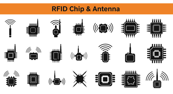 A collection of 20 RFID Chip & AntennaBlack flet Icon. The icons are neatly arranged in rows and columns, with a orange banner on the top that reads 'RFID Chip & Antenna