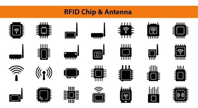 A collection of 20 RFID Chip & AntennaBlack flet Icon. The icons are neatly arranged in rows and columns, with a orange banner on the top that reads 'RFID Chip & Antenna