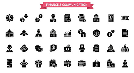  A collection of 25 Finance & Communication Black flet Icon. The icons are neatly arranged in rows and columns, with a pink banner on the top that reads 'Finance & Communication © Slamat