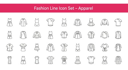 A collection of 25 Fashion Line Icon Set Apparel Black flet Icon. The icons are neatly arranged in rows and columns, with a pink banner on the top that reads 'Fashion Line Icon Set Apparel  © Slamat
