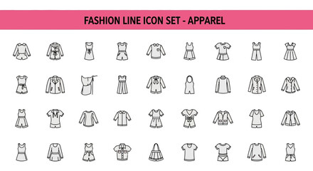 A collection of 25 Fashion Line Icon Set Apparel Black flet Icon. The icons are neatly arranged in rows and columns, with a pink banner on the top that reads 'Fashion Line Icon Set Apparel © Slamat
